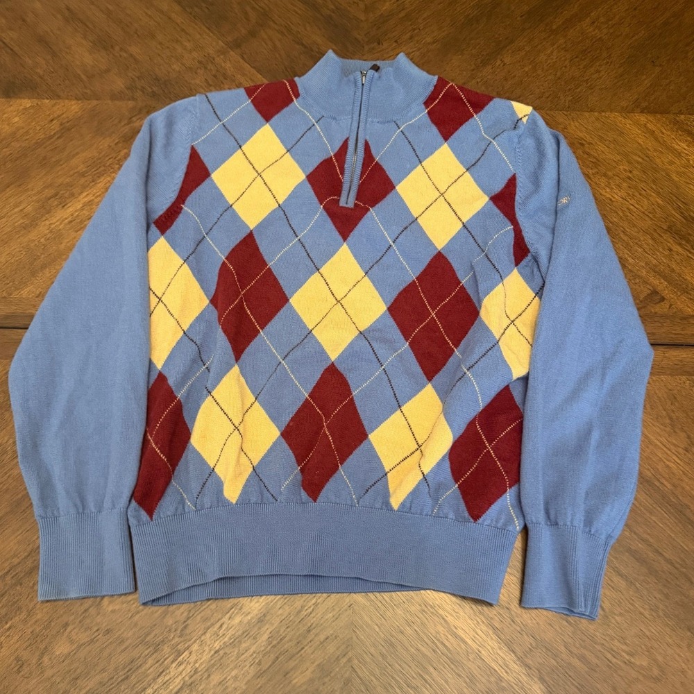 Fairway & Greene Mens Argyle Quarter Zip Sweater Blue Italian Merino Wool M
